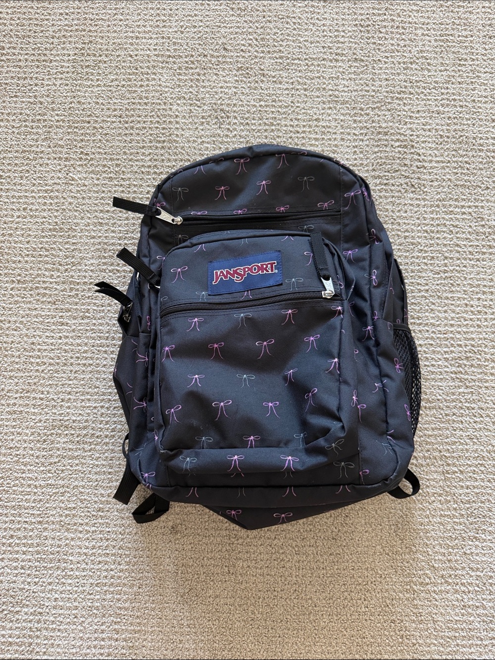JanSport Black Backpack with Pink Bow Print - Like New